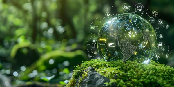 ecofriendly globe surrounded by icons representing green technology, World Environment Day