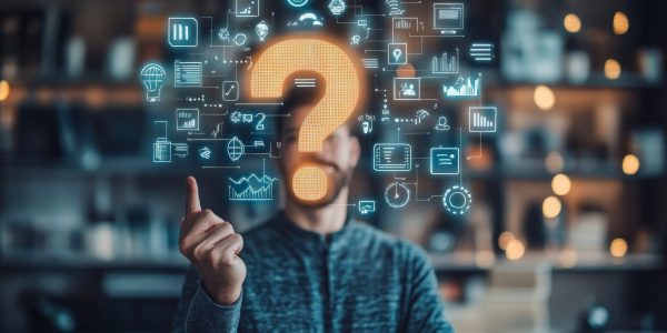 Man interacting with a large glowing question mark on a digital interface surrounded by icons. Concept of inquiry, technology, and innovation.