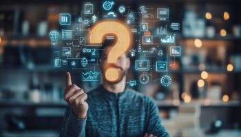 Man interacting with a large glowing question mark on a digital interface surrounded by icons. Concept of inquiry, technology, and innovation.